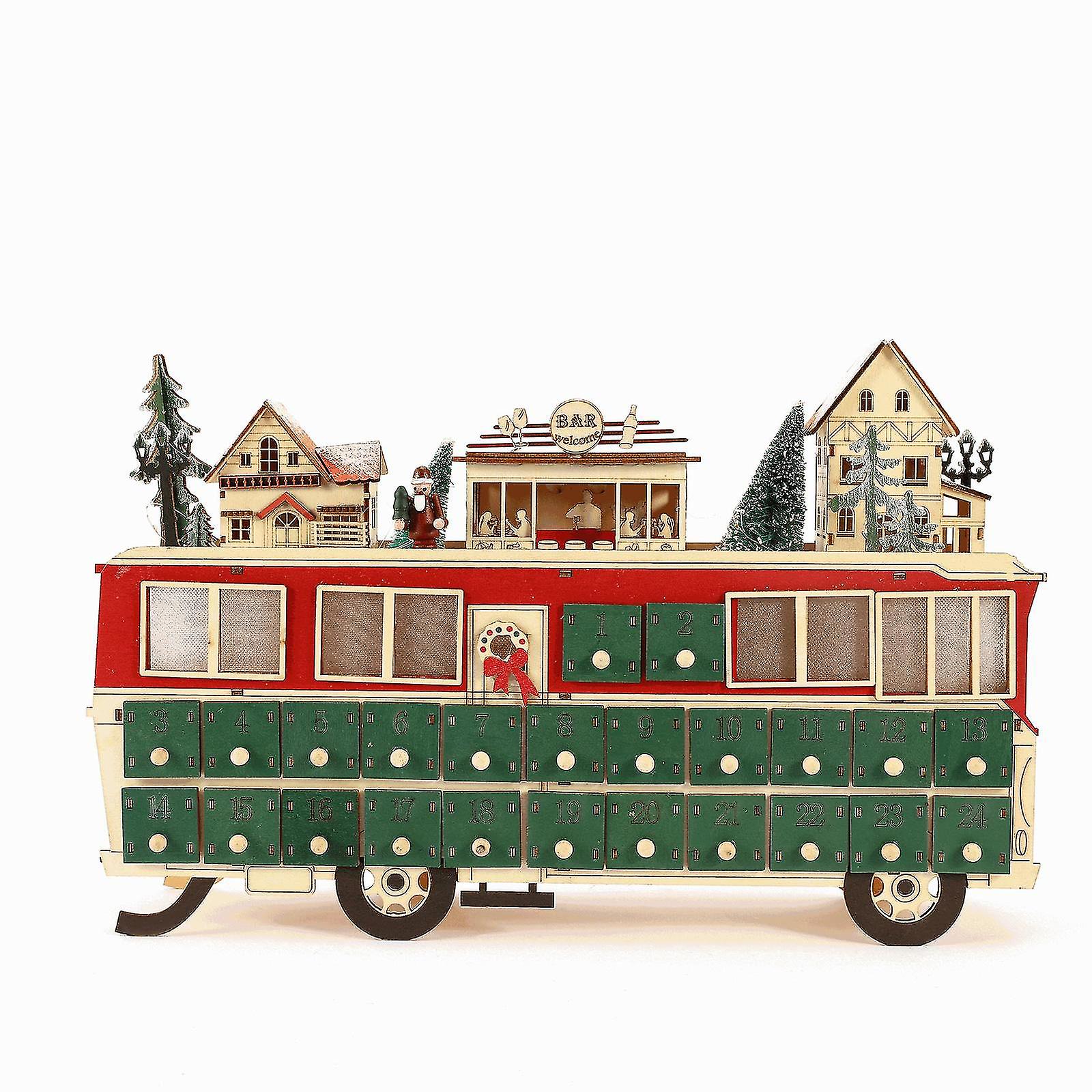 2023 Weihnachten Neujahr Countdown Holzkalender mit Busform Lichter Koi Tischdekoration