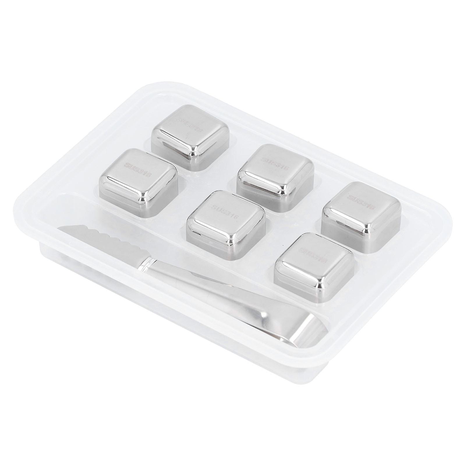 6Pcs Stainless Steel Ice Cubes Reusable Whiskey Wine Beer Beverages Ice Stone with Clamp
