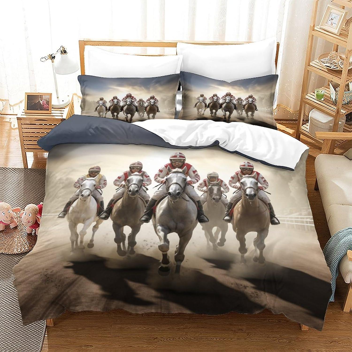 3D-tryckt hästkapplöpning påslakan set sängkläder set sto ultramjuk mikrofiber täcke överdrag med dragkedja stängning för tonåringar vuxna 3-delad set king