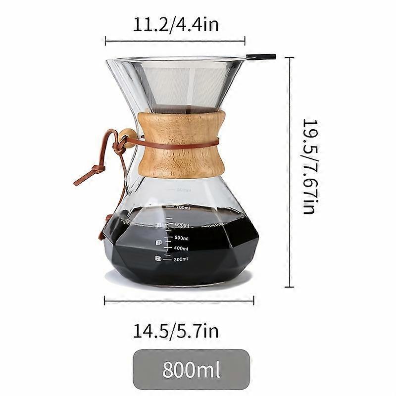 Pour-Over Glass Καφετιέρα με επαναχρησιμοποιήσιμο φίλτρο από ανοξείδωτο ατσάλι, Βοριοπυριτικό γυαλί Καράφα καφέ, Ξύλινο κολάρο, Coffee Dripper Brewer, 400ml/13.5oz