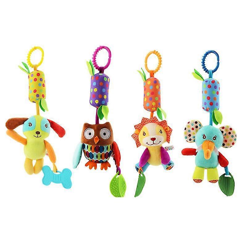 4pcs infant hanging rattle toy bedside bells rotating bells stroller crib pram rattle bed cartoon gift toys (elephant + lion + dog + owl)