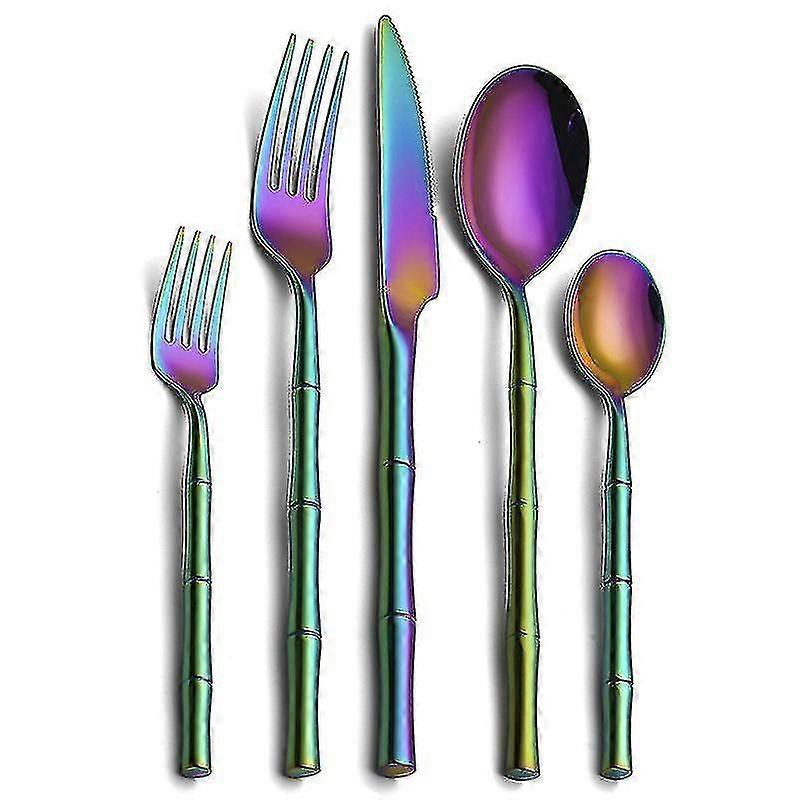 Posate in acciaio inossidabile, manico cilindrico creativo in bambù, posate spesse 304 (set da 5 pezzi)