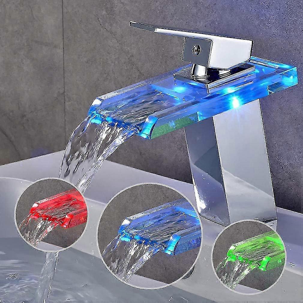 Basin Faucet With Rgb Led Waterfall Bathroom Mixer Tap With 3 Color Change Chrome Brass Glass Waterfall Faucet For Bathroom