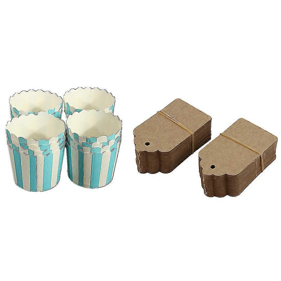 100pcs Rustic 40mmx70mm Scalloped Kraft Paper Card,blank Brown Tag &50pcs Cupcake Wrapper Paper Ca