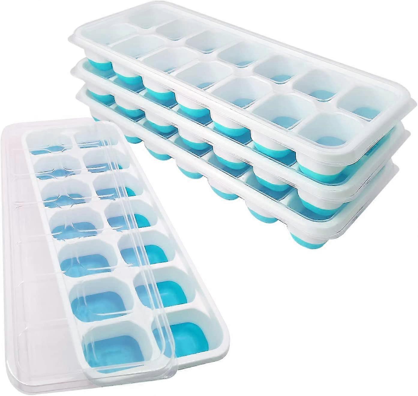 4パックシリコンアイスキューブトレイ、蓋付き、積み重ね可能、気密性、防水性