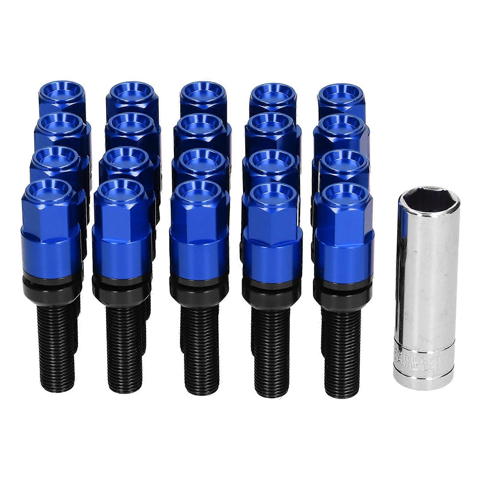 20PCS Extended Lug Bolts M14x1.5 Steel 28mm/1.1in Thread with Sleeve Universal for CarBlue