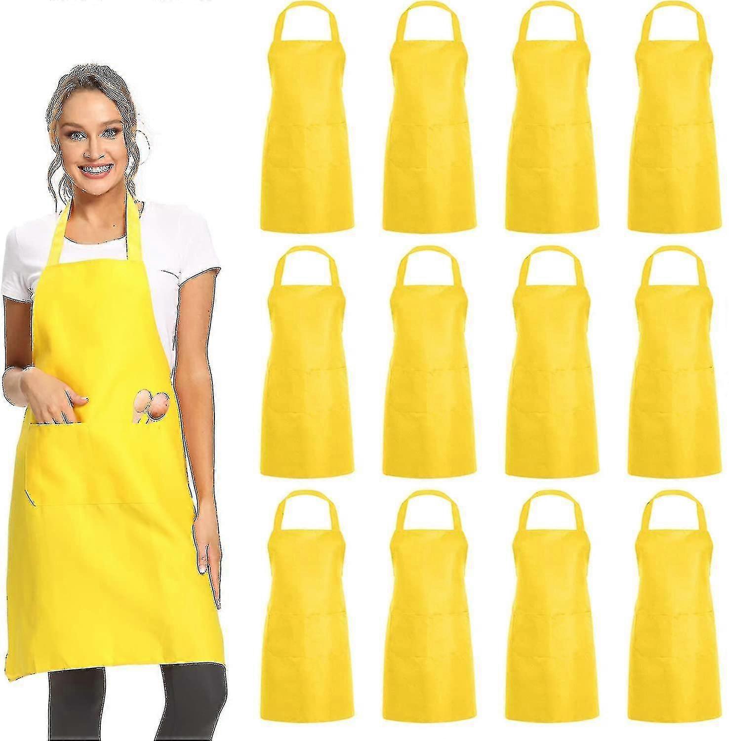 12 Pack Plain Bib Aprons With 2 Pockets - Black Unisex Commercial Apron Bulk