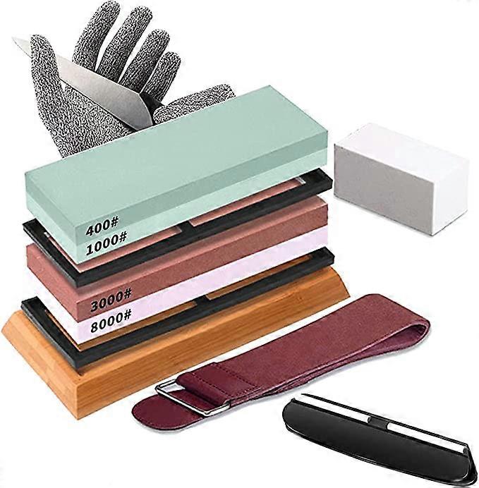 Knife Sharpening Stone Tools Set, Whetstone Knife Sharpener 2 Side Grit 4001000 30008000 Wet Stone, Non-slip Bamboo Base, Flattening Stone, Angle Guid
