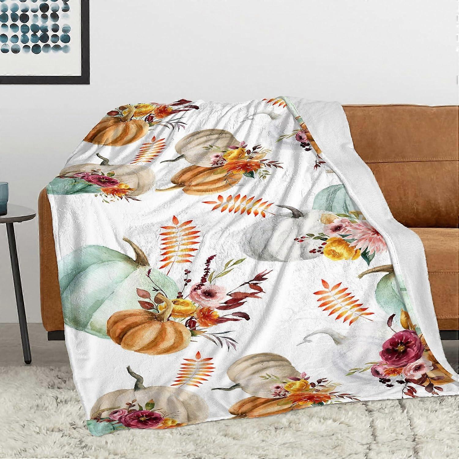 Autumn Decor Fleece Throw Blankets, Fall Decor Throw Blanket with Pumpkins Leaves for Bed Couch Sofa, Lightweight Soft Warm Fuzzy Cozy Flannel Blanket