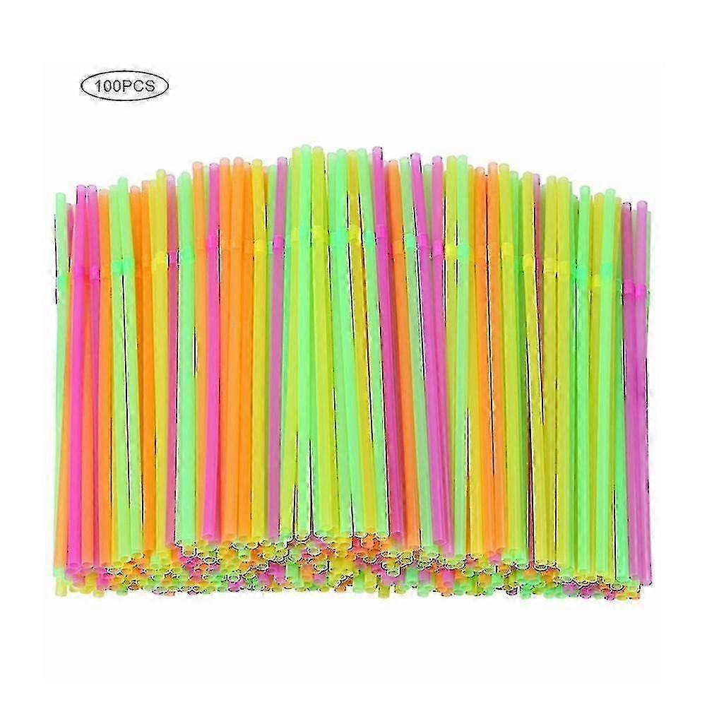 100pcs Fluorescent Plastic Bendable Drinking Straws Disposable Beverage Straws Wedding Decor Mixed Colors