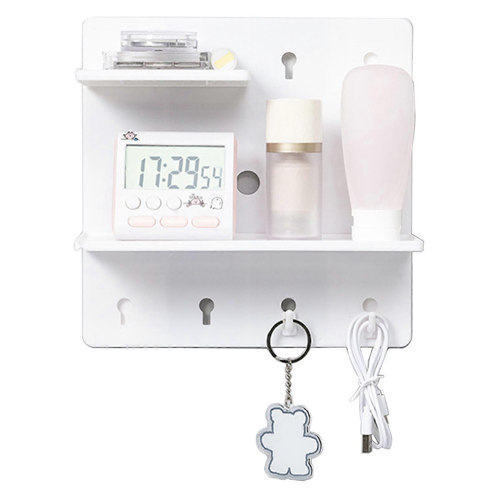 Wall Mounted Storage Rack Home Plastic Floating Shelf with Hooks Hanging Holder  White