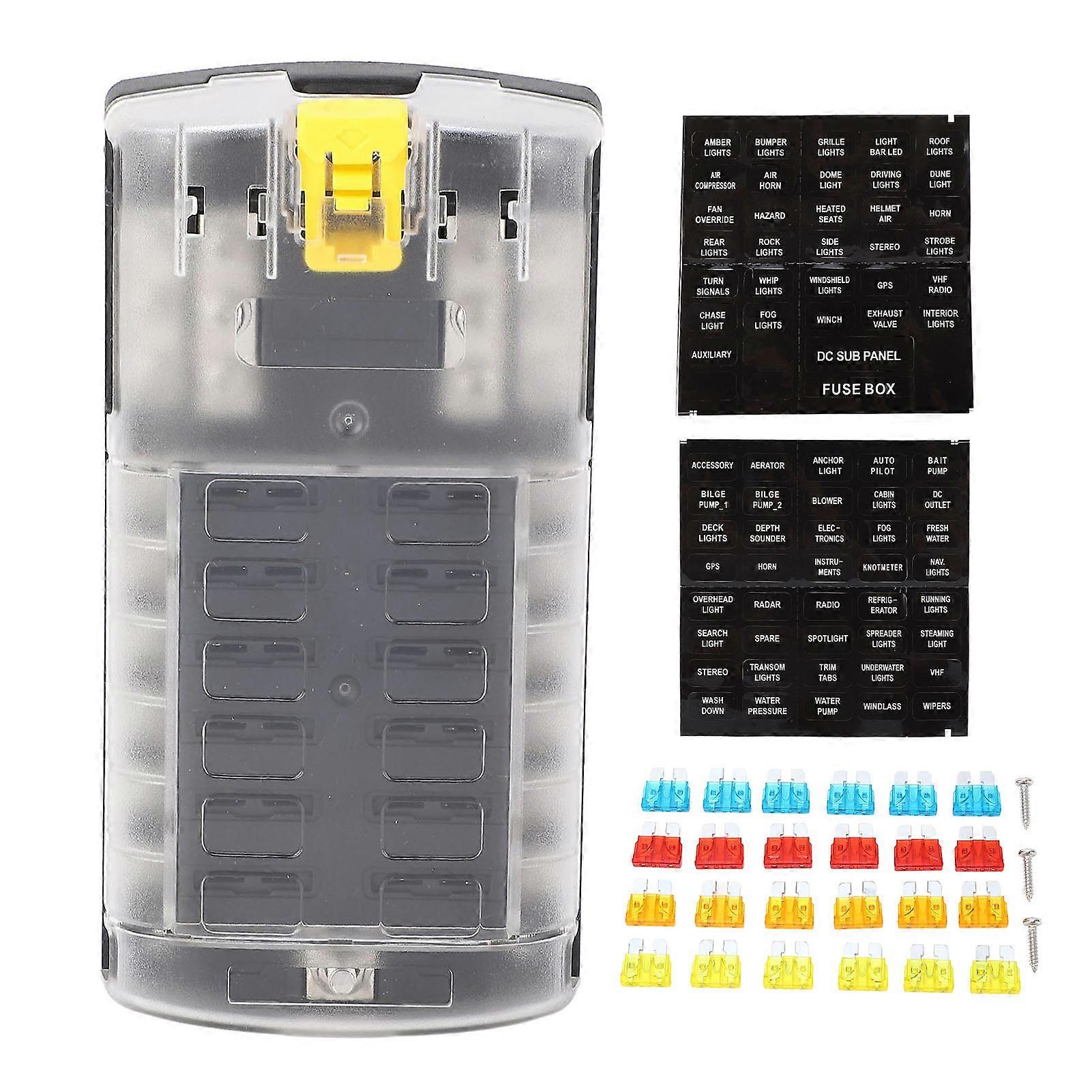 ST Blade Fuse Block, 12 Circuit ATO Fuse Box with Ground Safety Interlock Loop, 5A, 10A, 15A, 20A, 32V, 180A Fuses