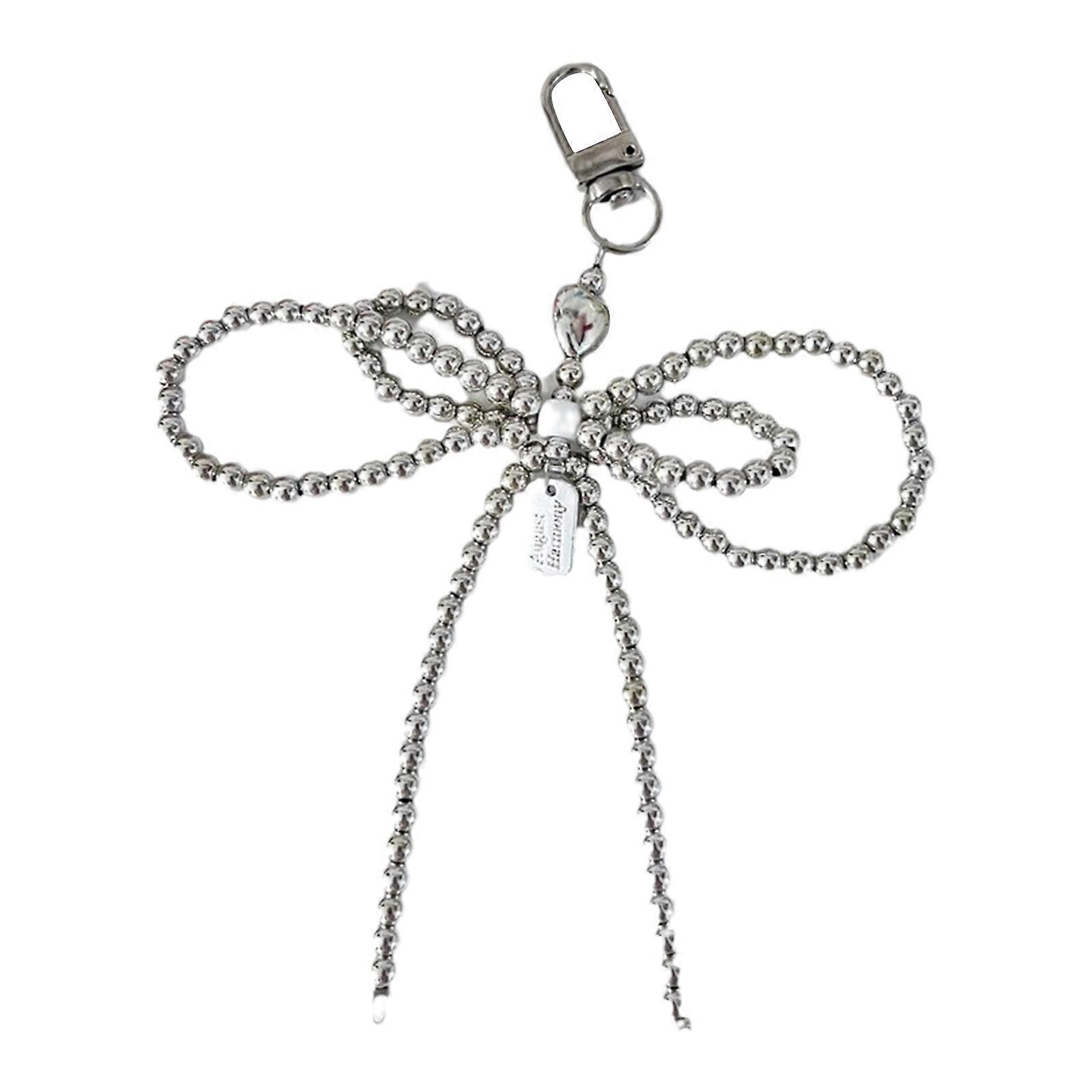 Fashion Silver Heart Key Rings Bowknot Charm Accessory Beaded Bowknot Pendant Fashion Key Adornment Suitable for Woman Silver