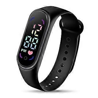 Student Electronic Watch Fashion Waterproof Sports Bracelet With Led Display Rounded Dial Adjustable Silicone Strap Digital Watch  Black