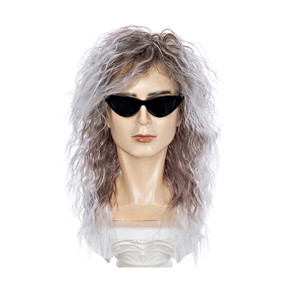 Men Wigs Punk flaccid Long Curly Wig for Male,Silver White & Brown