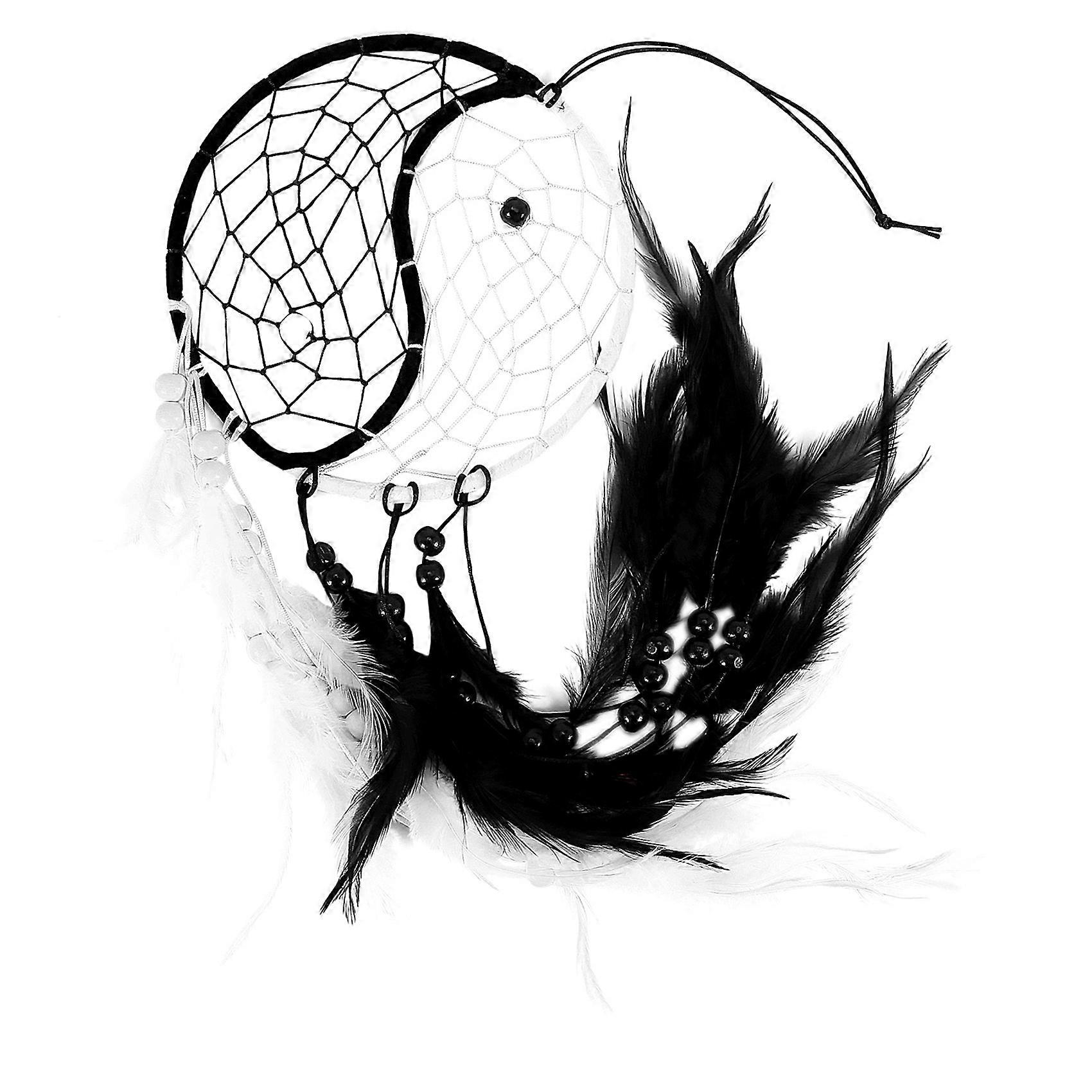 Yin Atrapasueños Circular con Cuentas de Plumas, Blanco y Negro