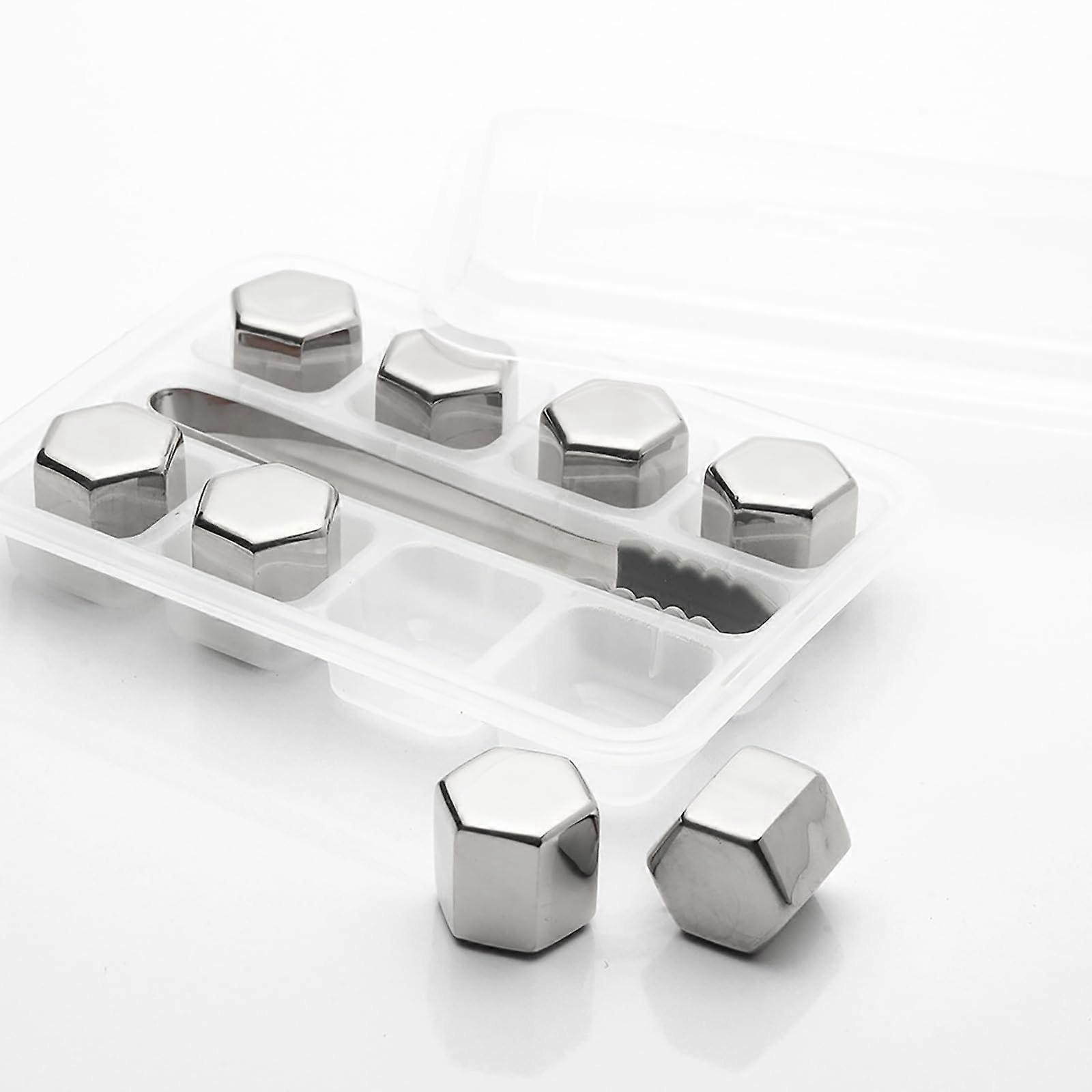 Ice tongs and whiskey stones gift set, 8 reused hexagonal ice cube, stainless steel whiskey rocks