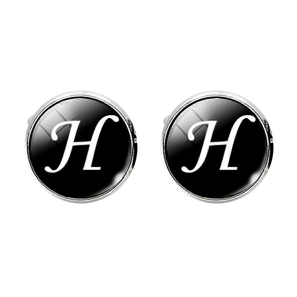 Glass Cuff-Link Sleeve Button Round English Letter Sleeve Button All-Match Decorative Collar Sleeves Button for Man (H Letter Pattern)