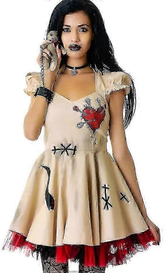 万圣节服装女孩女式角色扮演连衣裙巫毒娃娃服装成人儿童化装球 S-2XL（仅连衣裙）Whbyv