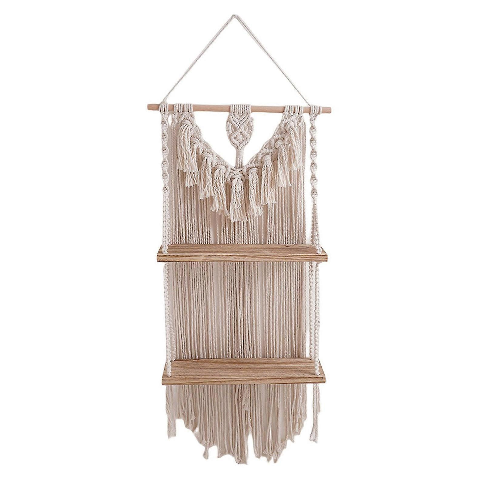 Vintage Wall Shelf Wood Wall Rack Handmade Fringe Tapestry Wall Hangers Unique Storage Holder for Artistic Decor