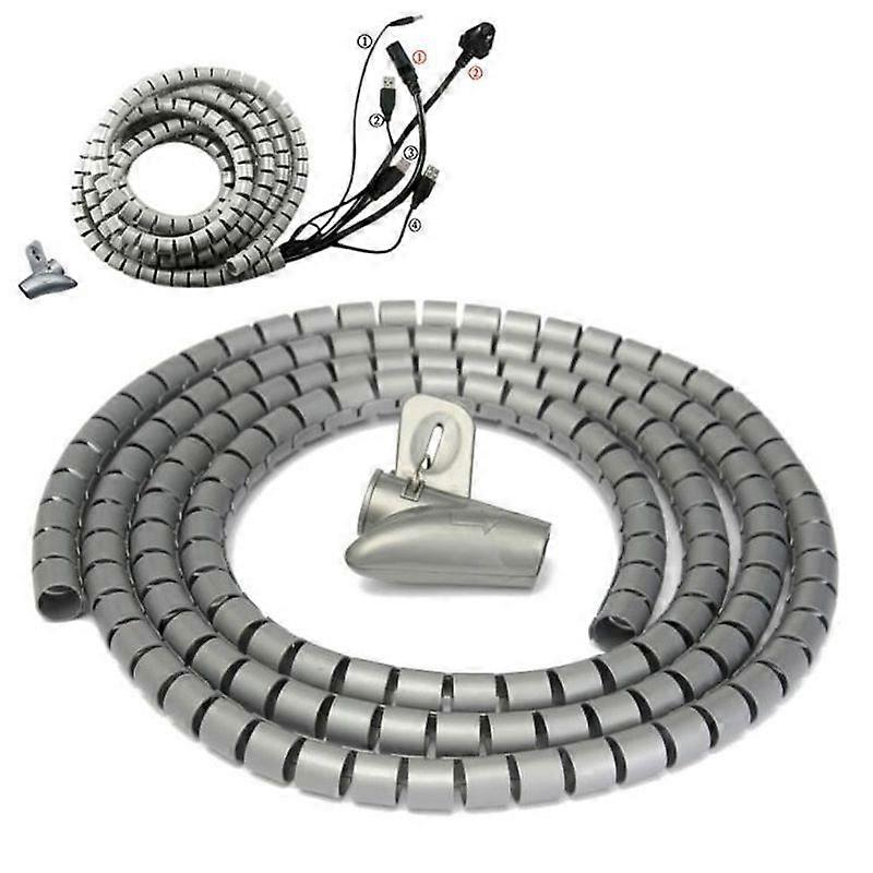 Spiral Tube Sheath Cable Cover Wire 2M 15mm with Clip Attachment GREY