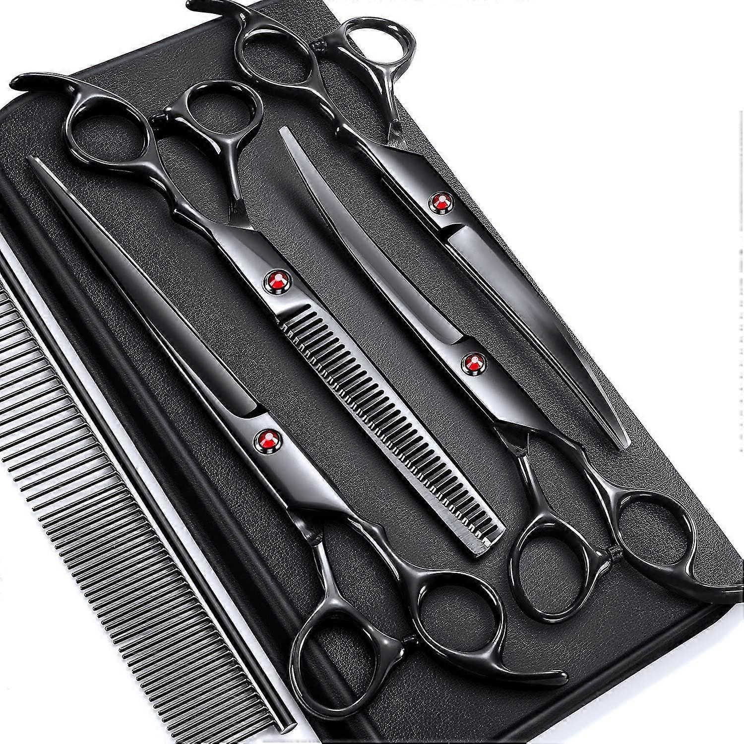 6-in-1 Dog Grooming Shears Kit with 4CR Titanium Coated Straight/Thinning/Curved & Comb