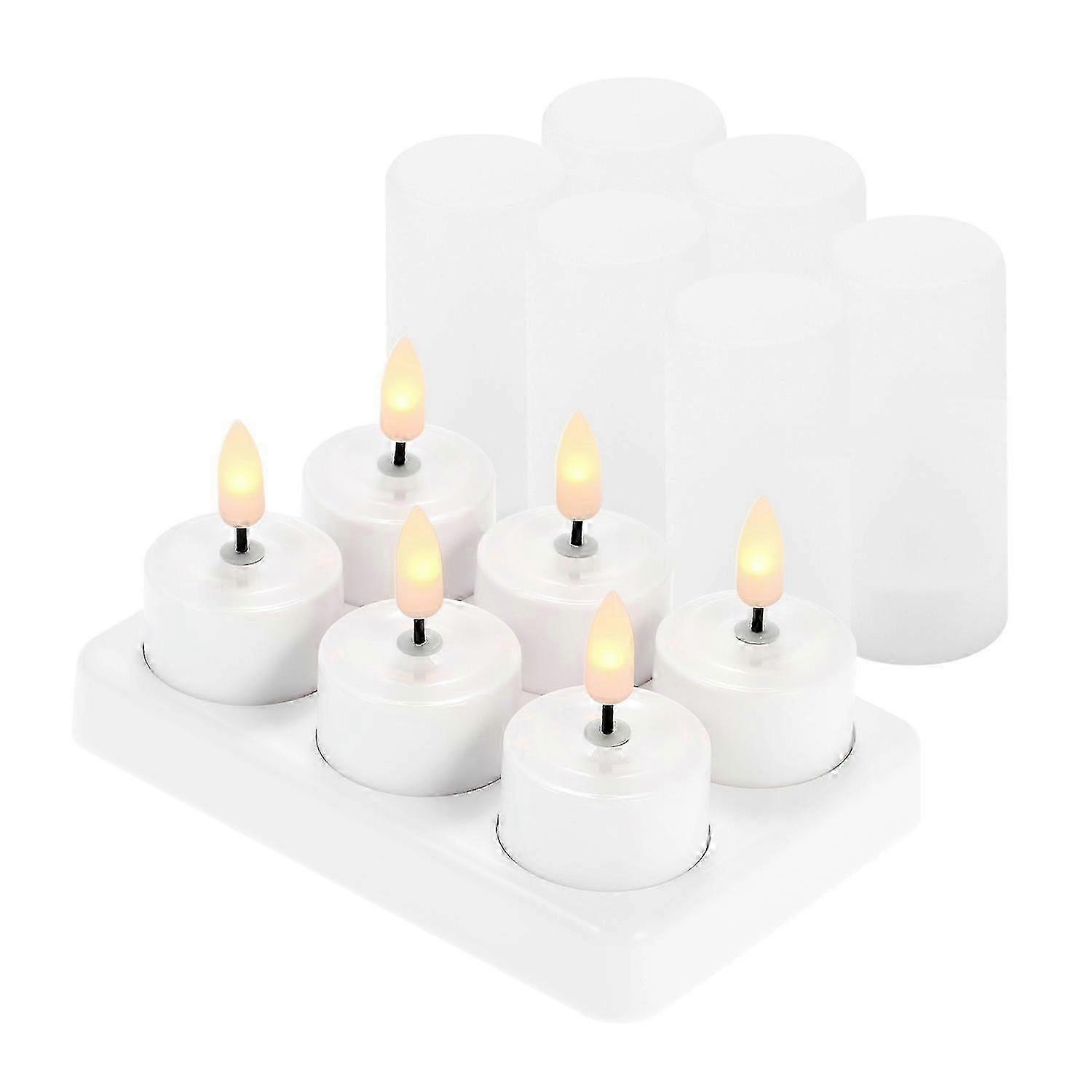 6 Pcs Rechargeable Flameless Candles Realistic Flickering Yellow Led Cordless Tealight Candles With 