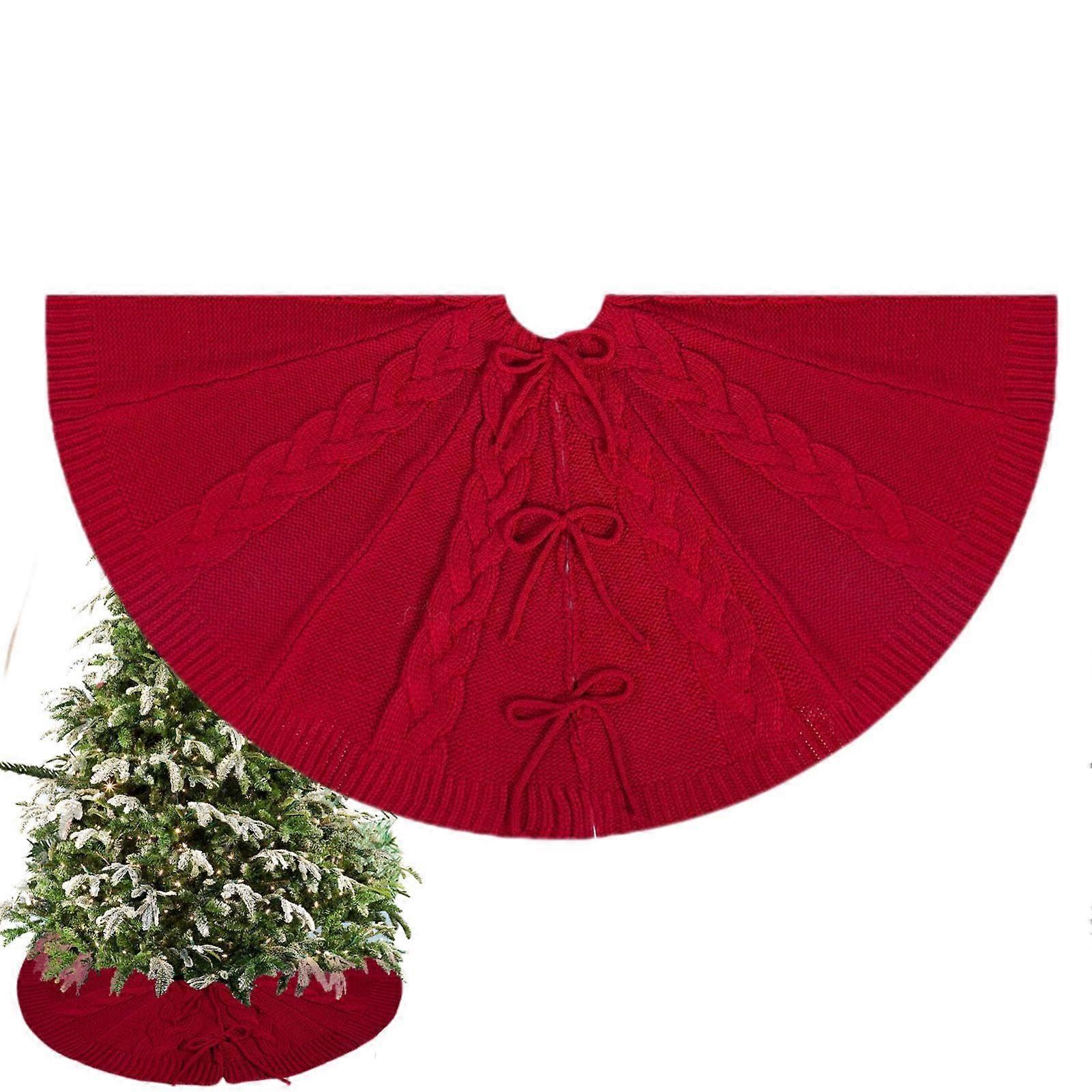 Christmas Tree Skirt Red Knitted Tree Decoration Accessories 48 Inch Twisted Design Floor Covering for Holiday Decor
