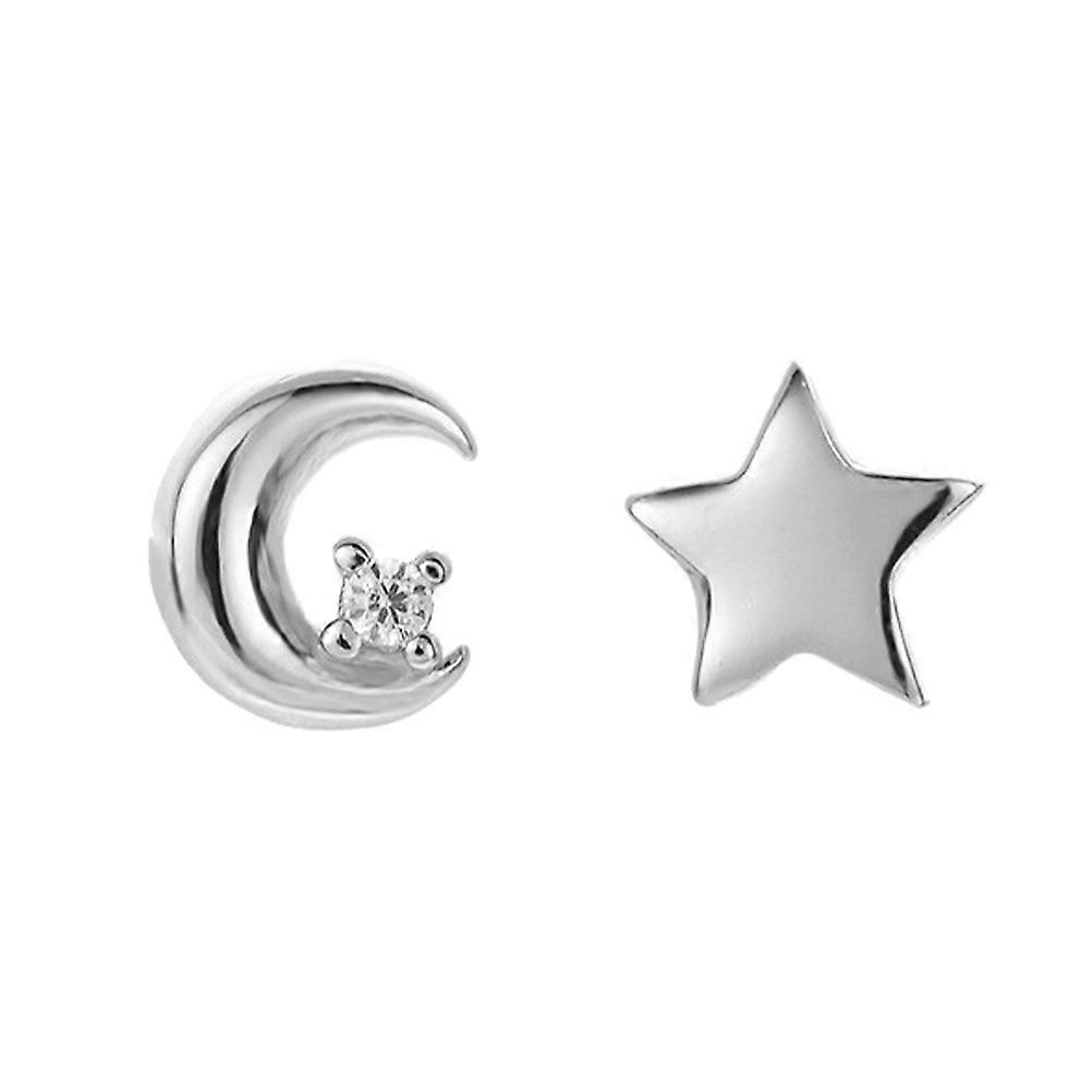 Asymmetrical Moon & Star Silver Stud Earrings – Stylish and Delicate Ear Jewelry for Women, Perfect for Parties and Special Occasions