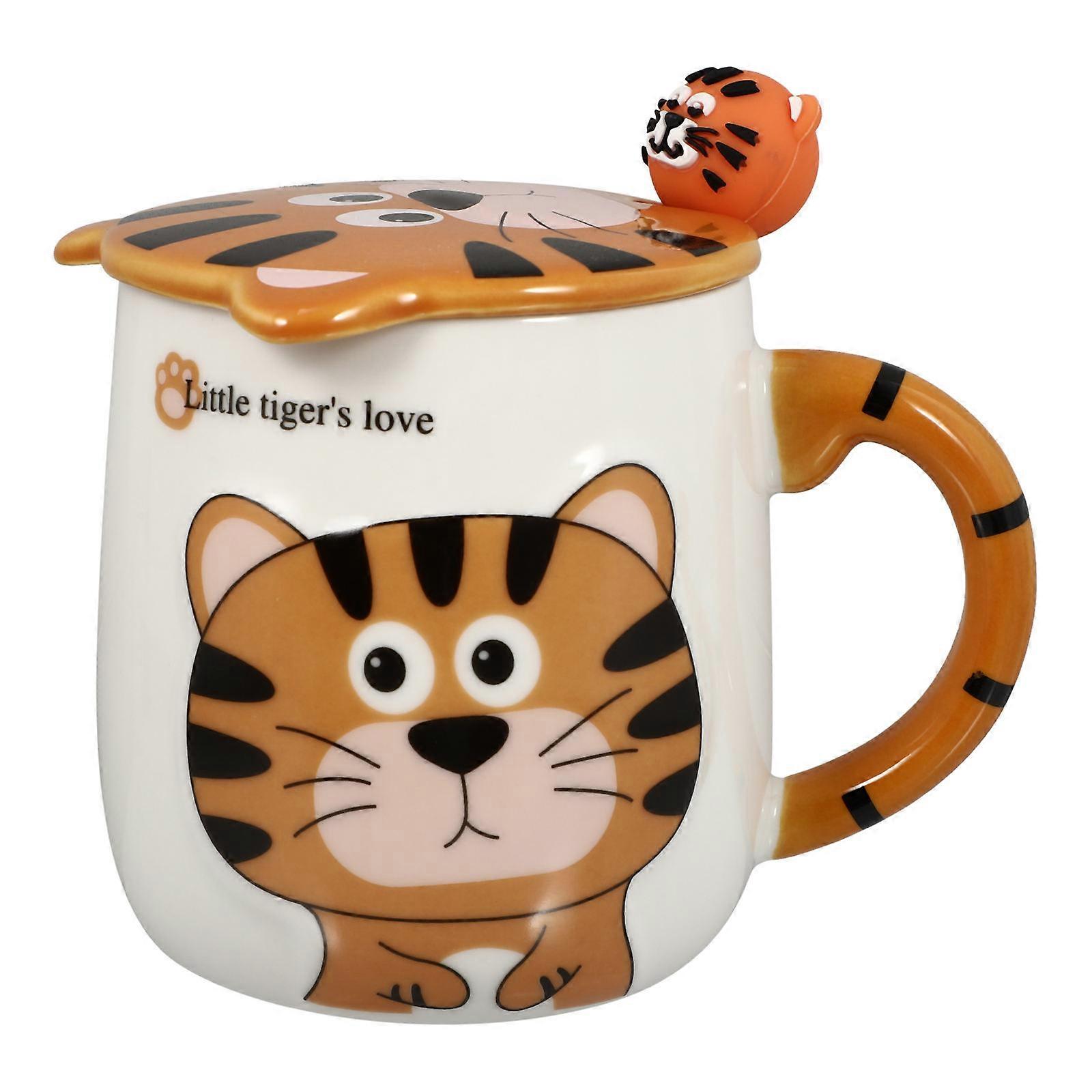 Adorable Coffee Mug Simple Ceramic Cup Cartoon Tiger For Home Round With Handle 1 Set