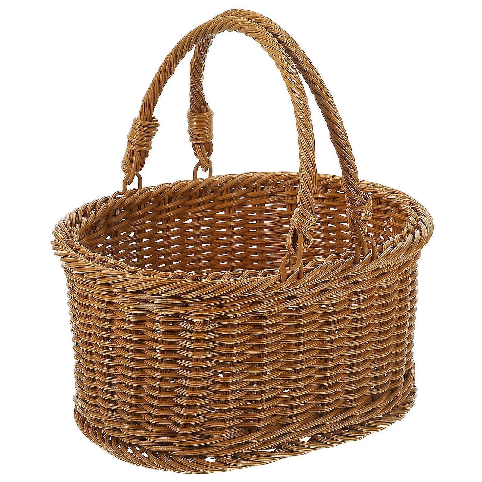 Imitation Rattan Woven Basket with Handles for Outdoor Picnic and Snack Holding Light Brown 23x18x23cm 1Pack