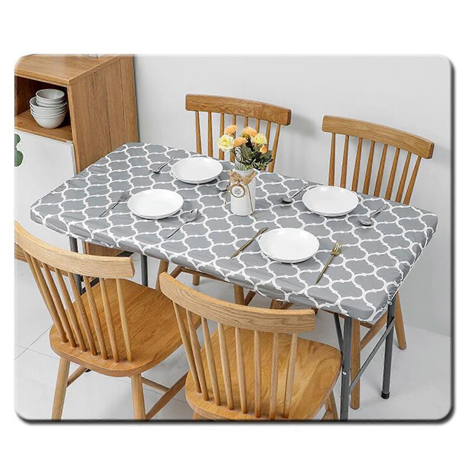 Elastic Vinyl Tablecloth Flannel Back Rectangular Wipe Clean Outdoor Picnic Camping Party Grey Moroccan Pattern Design 192x88cm