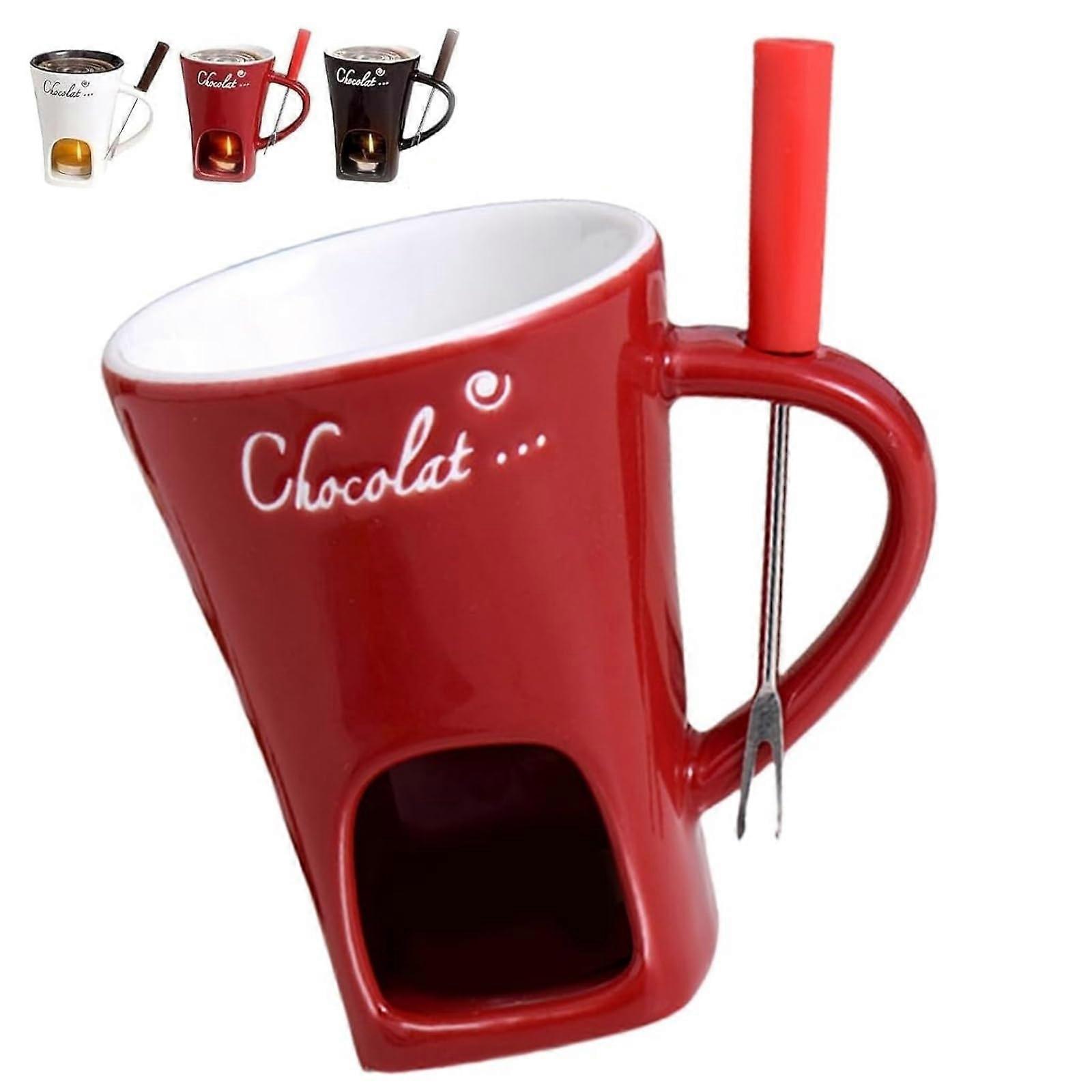 130ml Chocolate Fondue Mug - Red Ceramic Melting Pot with Handle & Fork for Desserts and Cheese