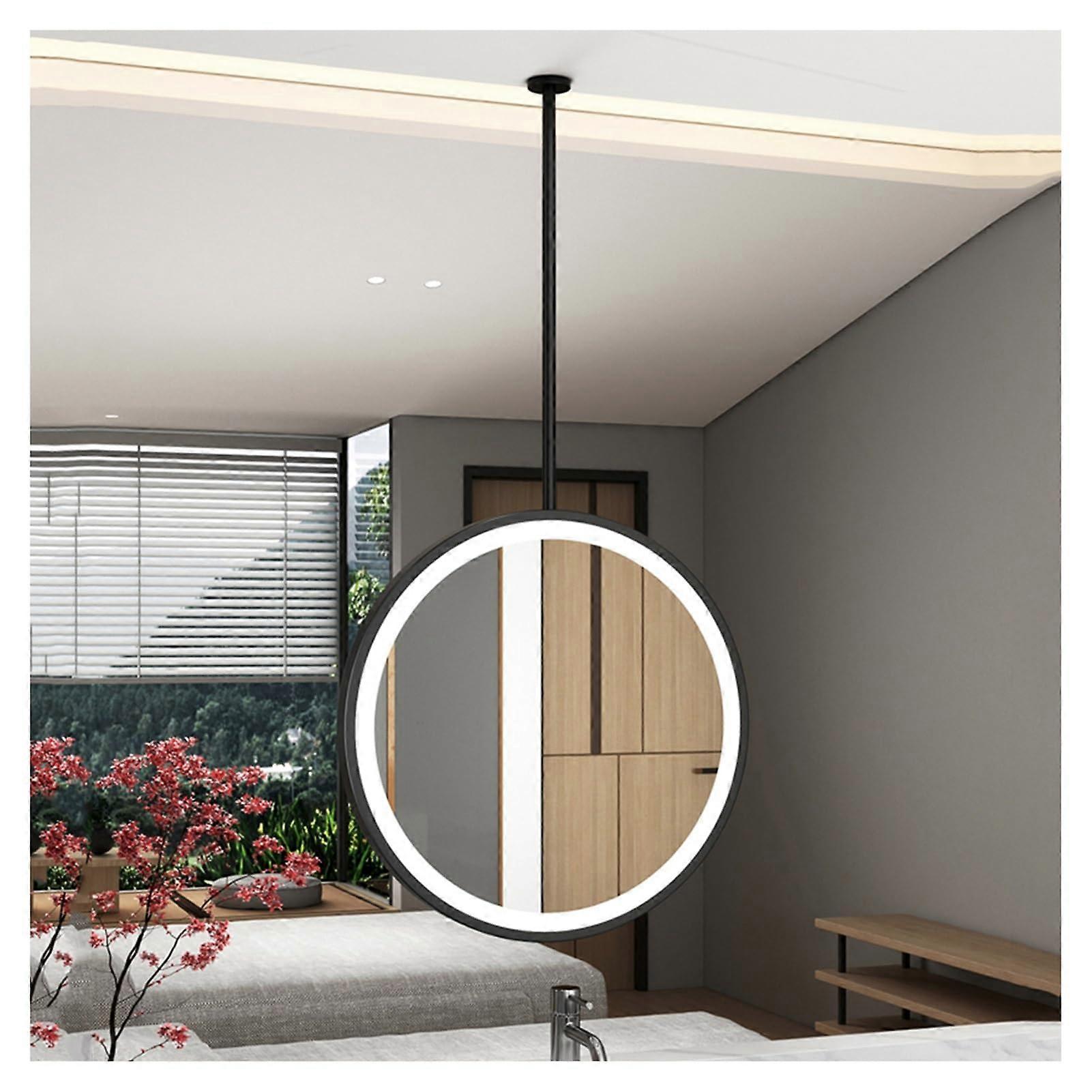 Round Double-Sided Mirror With LED Lighting, Black 40 x 40 cm, Bathroom Mirror, Touch Sensor Ceiling Mirror, Hanging Rod