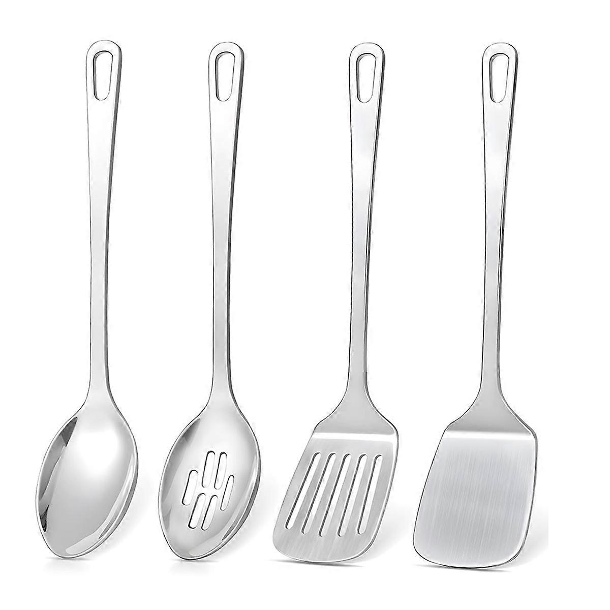 Ensemble de 4 ustensiles de cuisine en acier inoxydable, comprenant une spatule pour wok et une cuillère de service.
