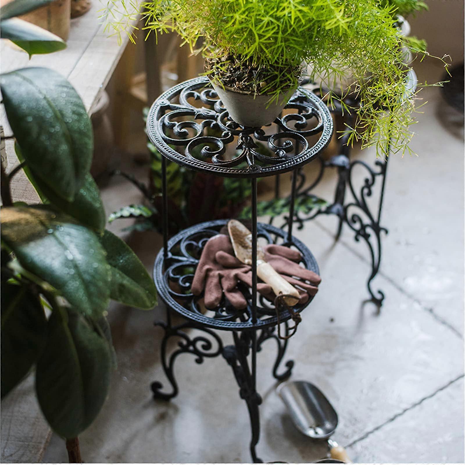 Plant Stand Heavy Duty Cast Iron, Durable 2Tier Metal Planter Rack for Indoor Outdoor Use, Rustic Vintage Style