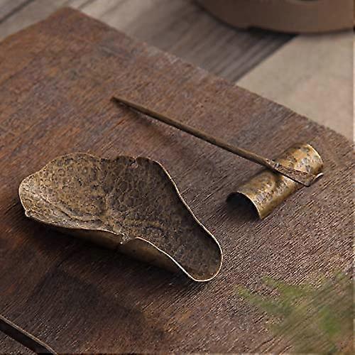 Hammered Lotus Leaf Shape Tea Tool Set Handmade Pure Copper Tea Ceremony Set Chinese Traditional Teaware Set Measuring Spoons Tea Spoon and Holder 92g