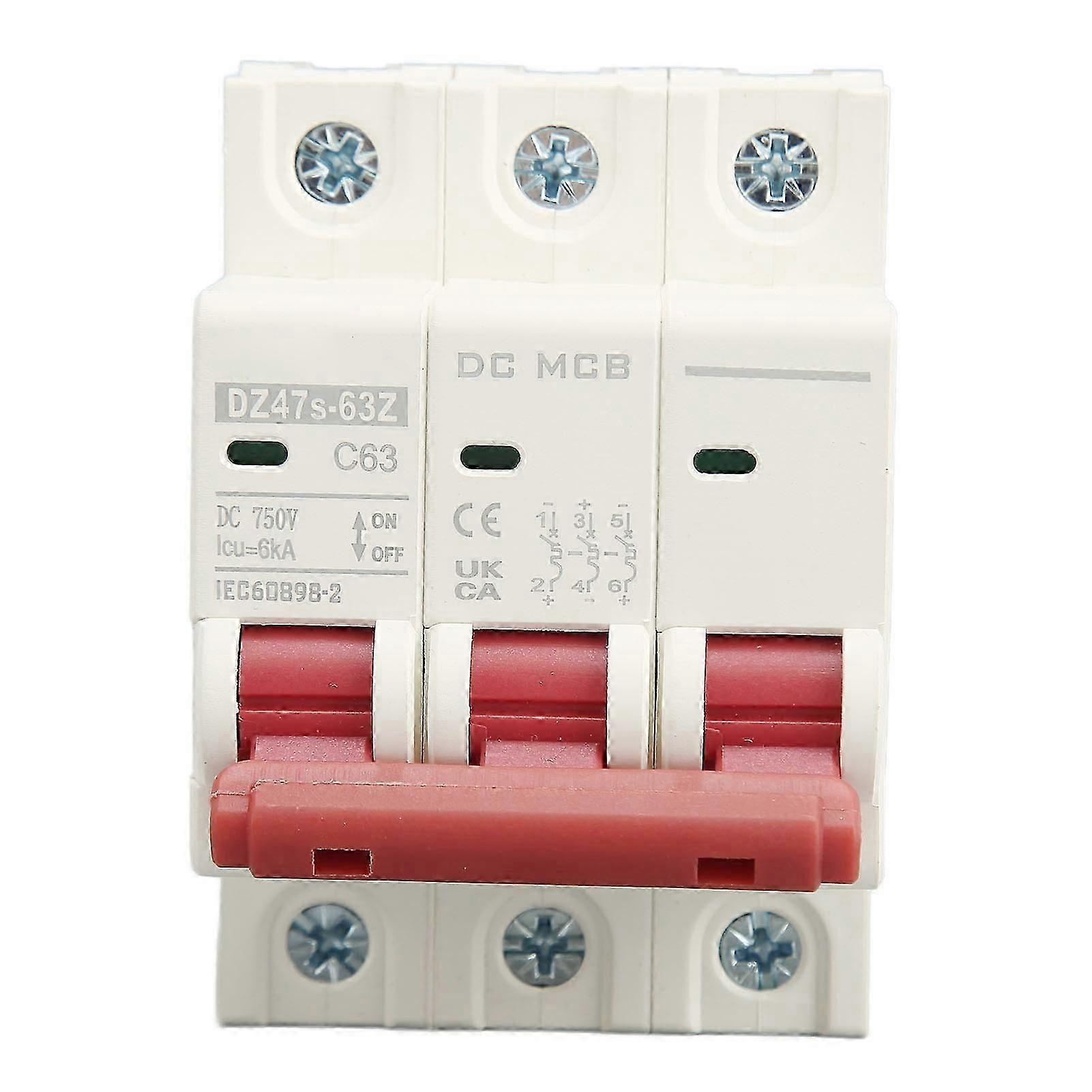 3P Miniature Circuit Breaker DIN Rail Mounted Short Circuit Protection Switch DC 750V 63A 6000A