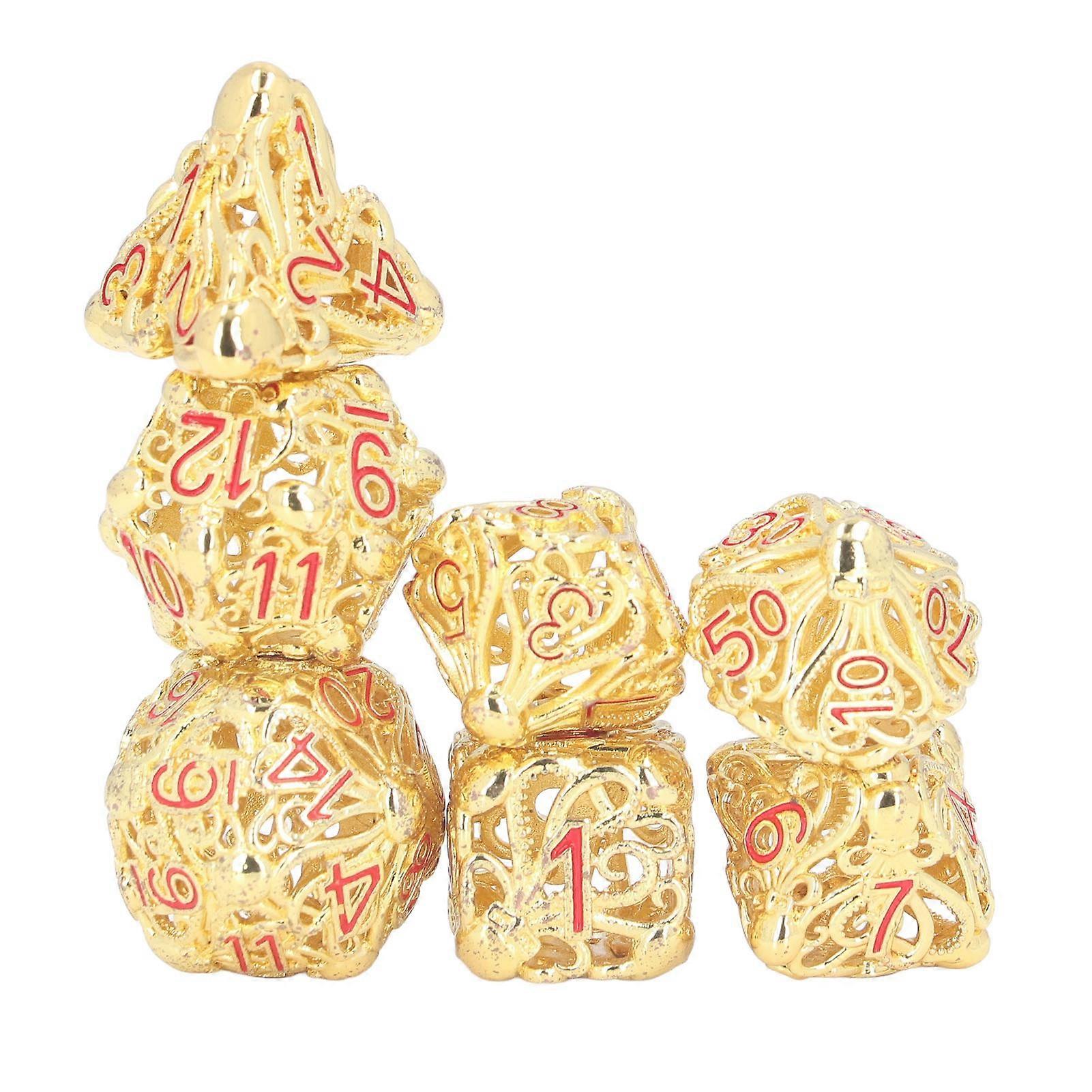 7pcs Hollow Golden Brass Metal Dice Set Red Number Polyhedral