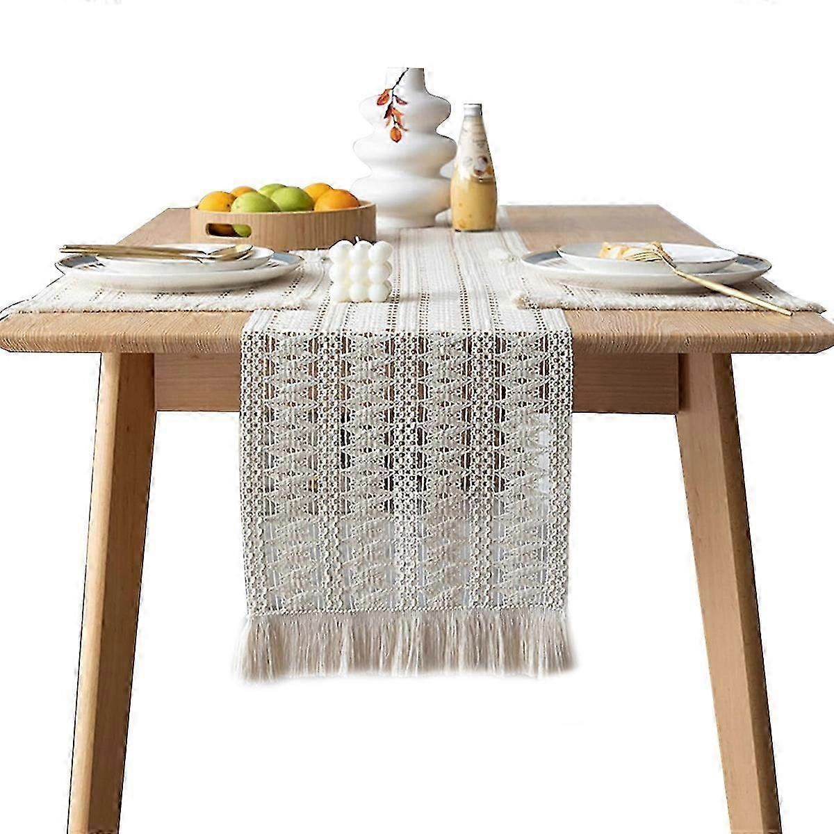 2025 1pcs Rustic Linen Boho Table Runners 30x180cm, Braided Striped Table Runners with Tassel for Bohemian Wedding,Dinning (Hollow out)