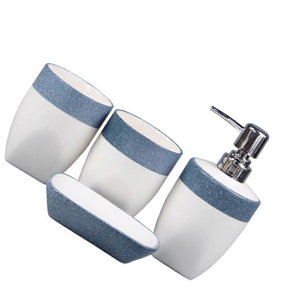 Bathroom Soap Dispenser Tray Cups Ceramic Set for Sink Use 2Sets Blue