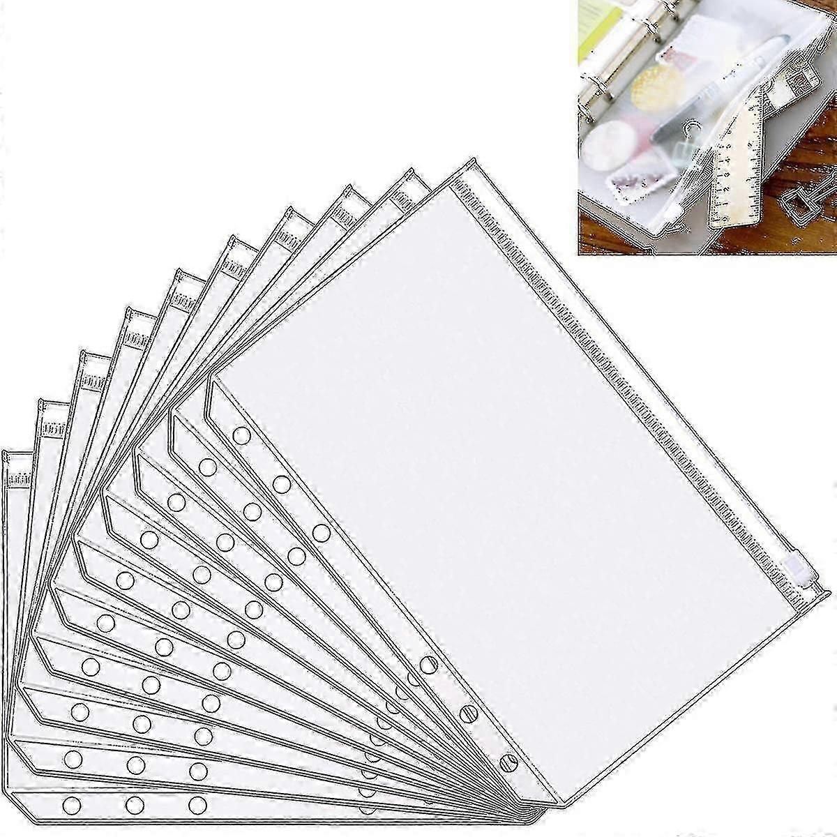 10pcs A5 Size 6 Holes Binder Pockets Translucent Plastic Binder Zipper Folder Leaf Pockets