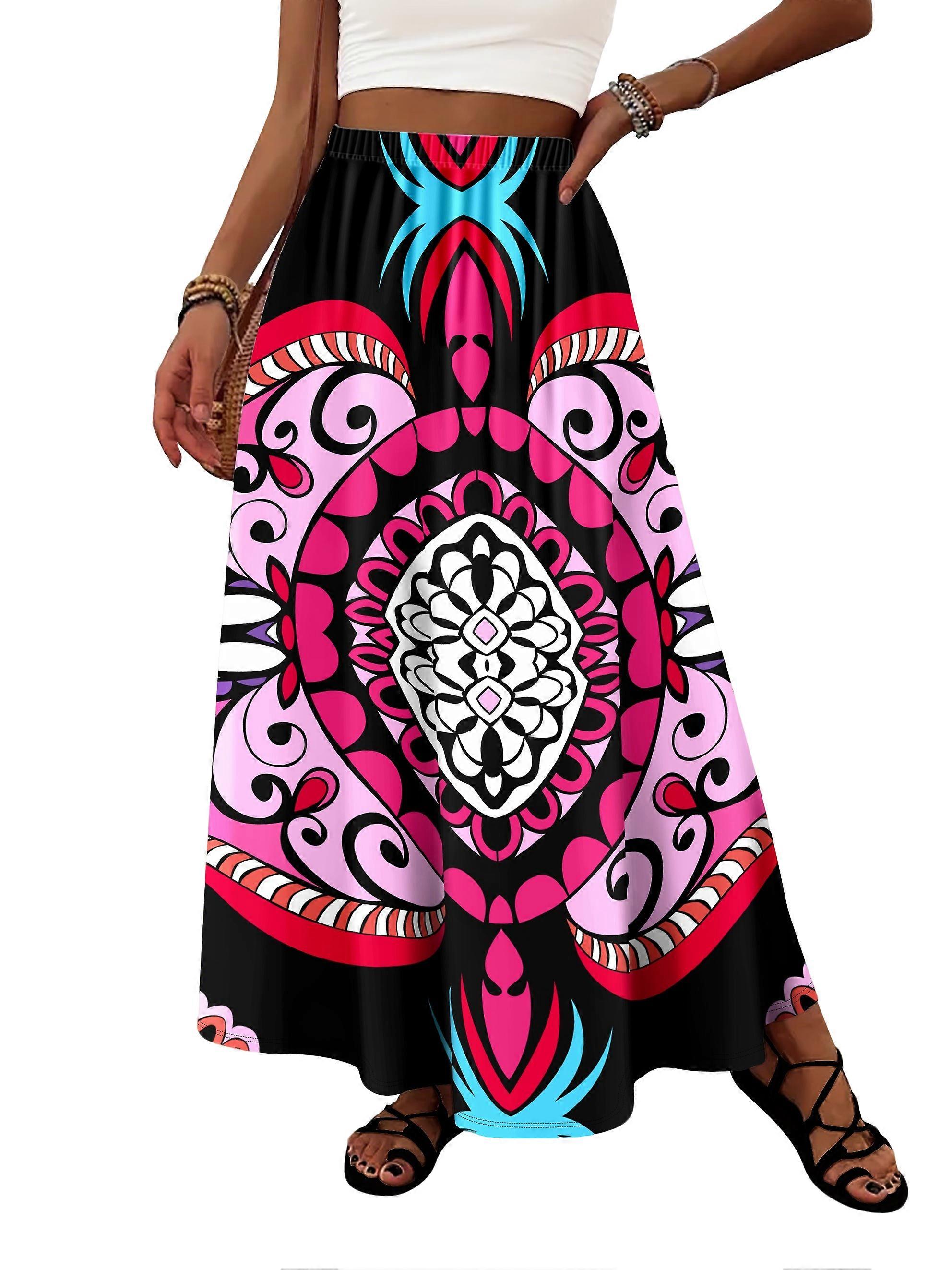 Women's Bohemian Vibrant Colorblock Mandala Print High-Waist Elastic Waist A-Line Flowy Beach Maxi Skirt