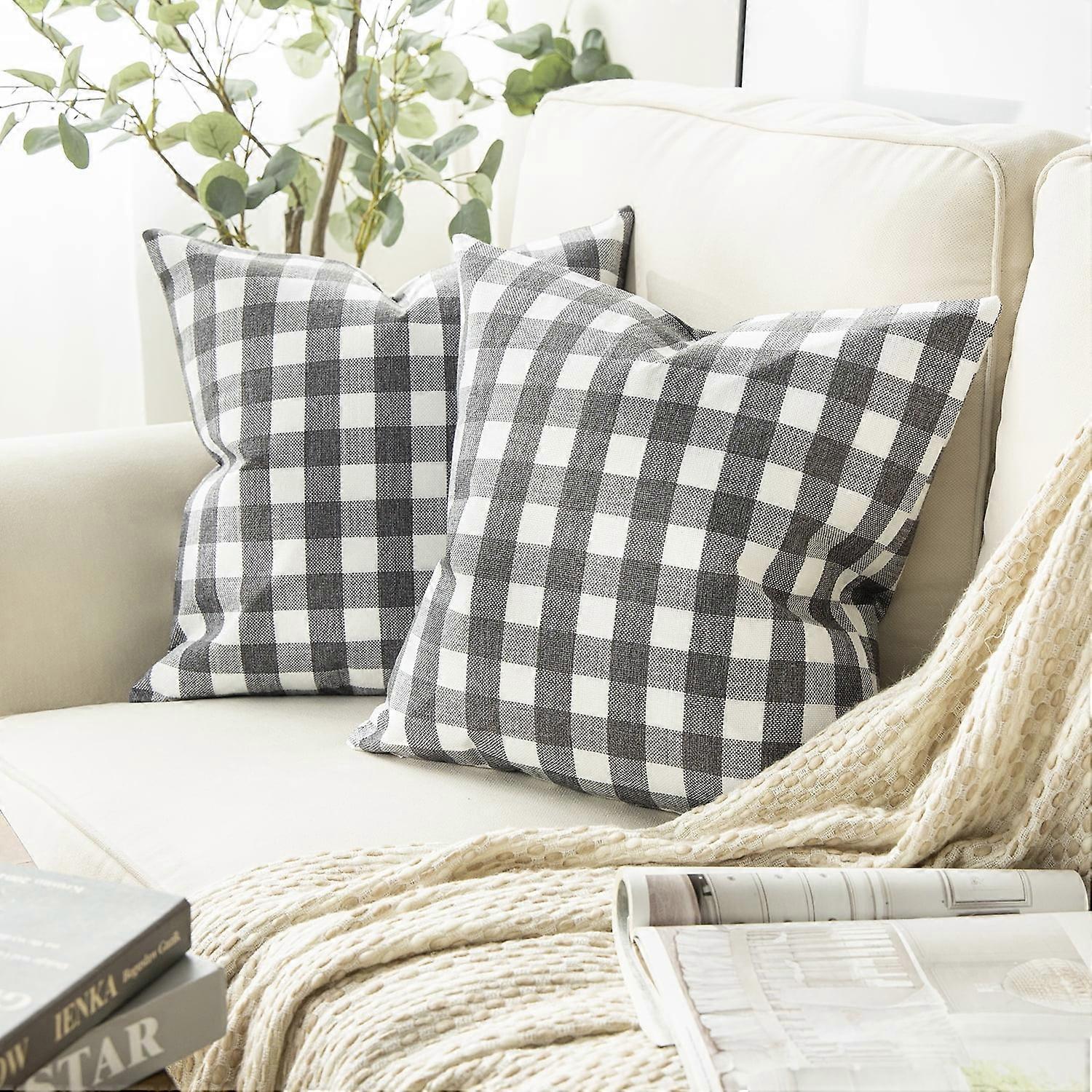 Checkers Series Square Decorative Throw Pillow Covers, Classic Retro Plaids, 20"x20", Gray/White, Set of 2