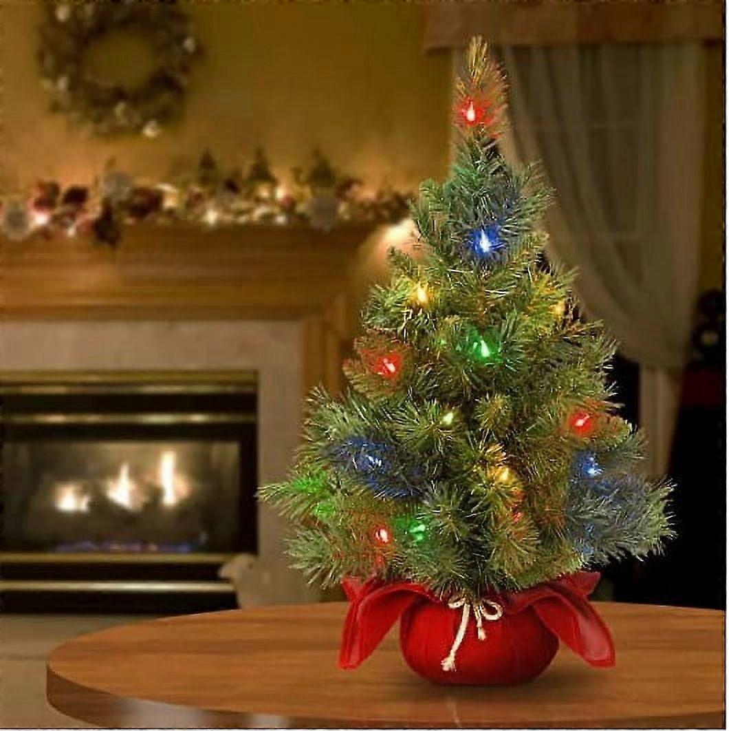 23.6" Tabletop Christmas Tree with LED Lights & Red Base, Artificial Mini Pine for Holiday Decor