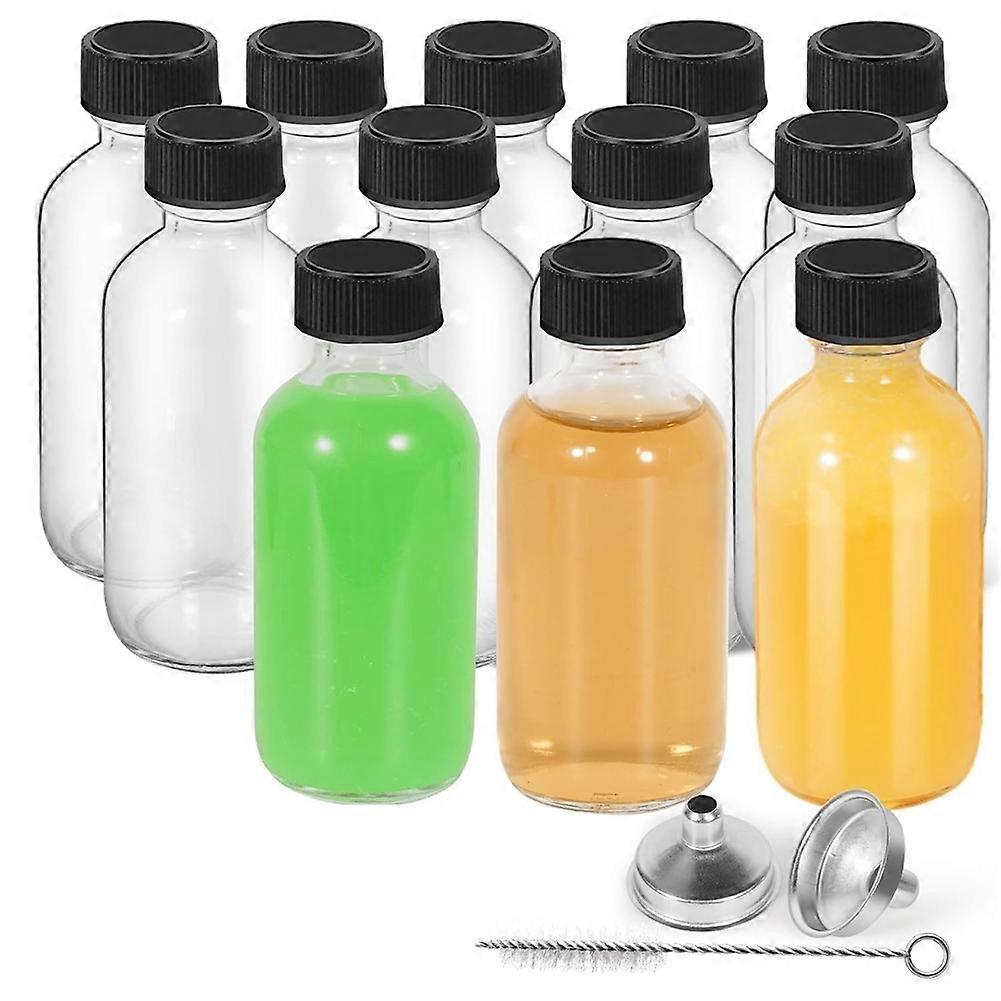 12Pack 2oz Glass Bottles with Lids Funnels, Brush, Labels- Leakproof 60 Ml Boston Round Containers for Juice