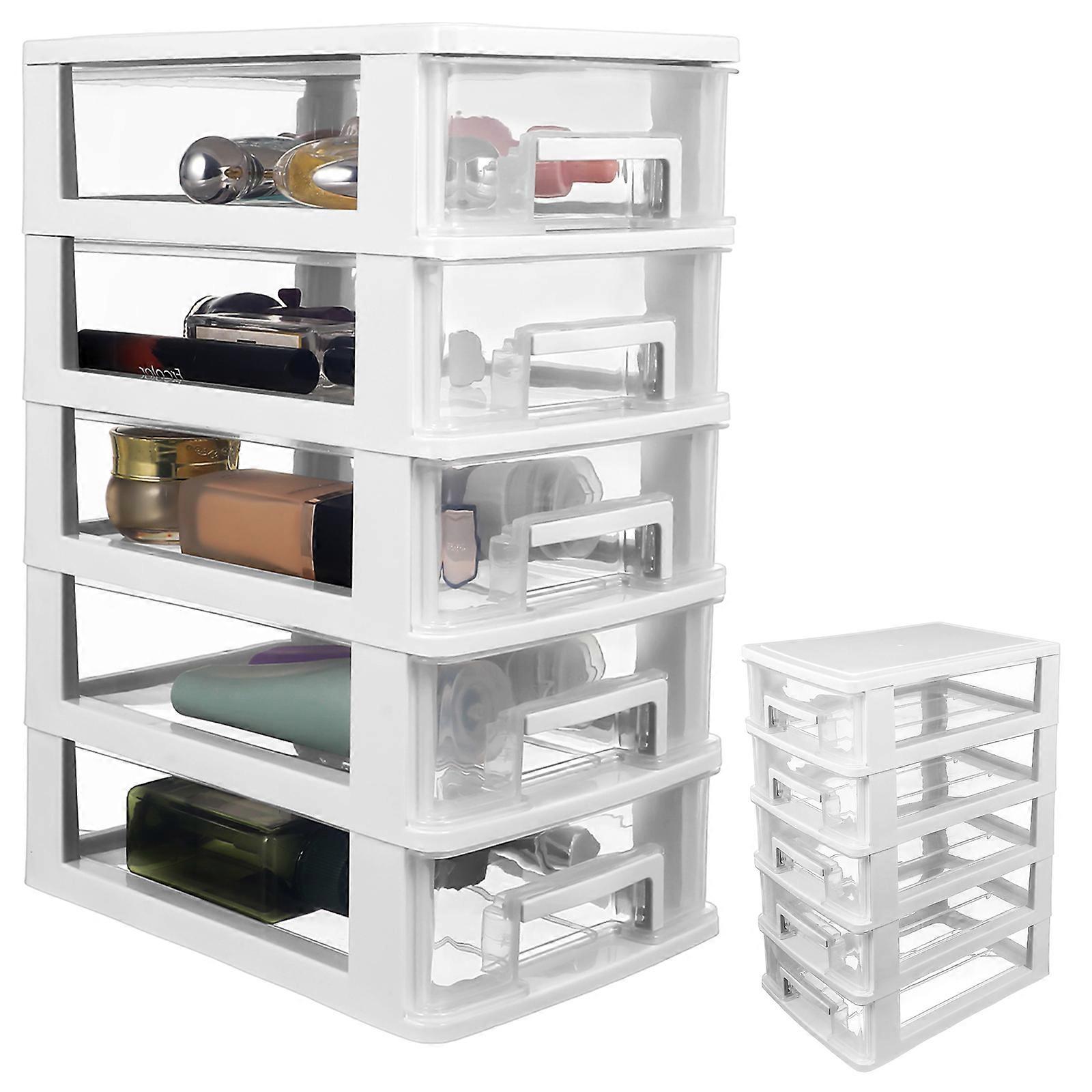 Multifunctional Five-layer Storage Cabinet Plastic Drawer Type Closet Portable Dustproof Storage Case Organizer Sundries Holder  (White and Transparen