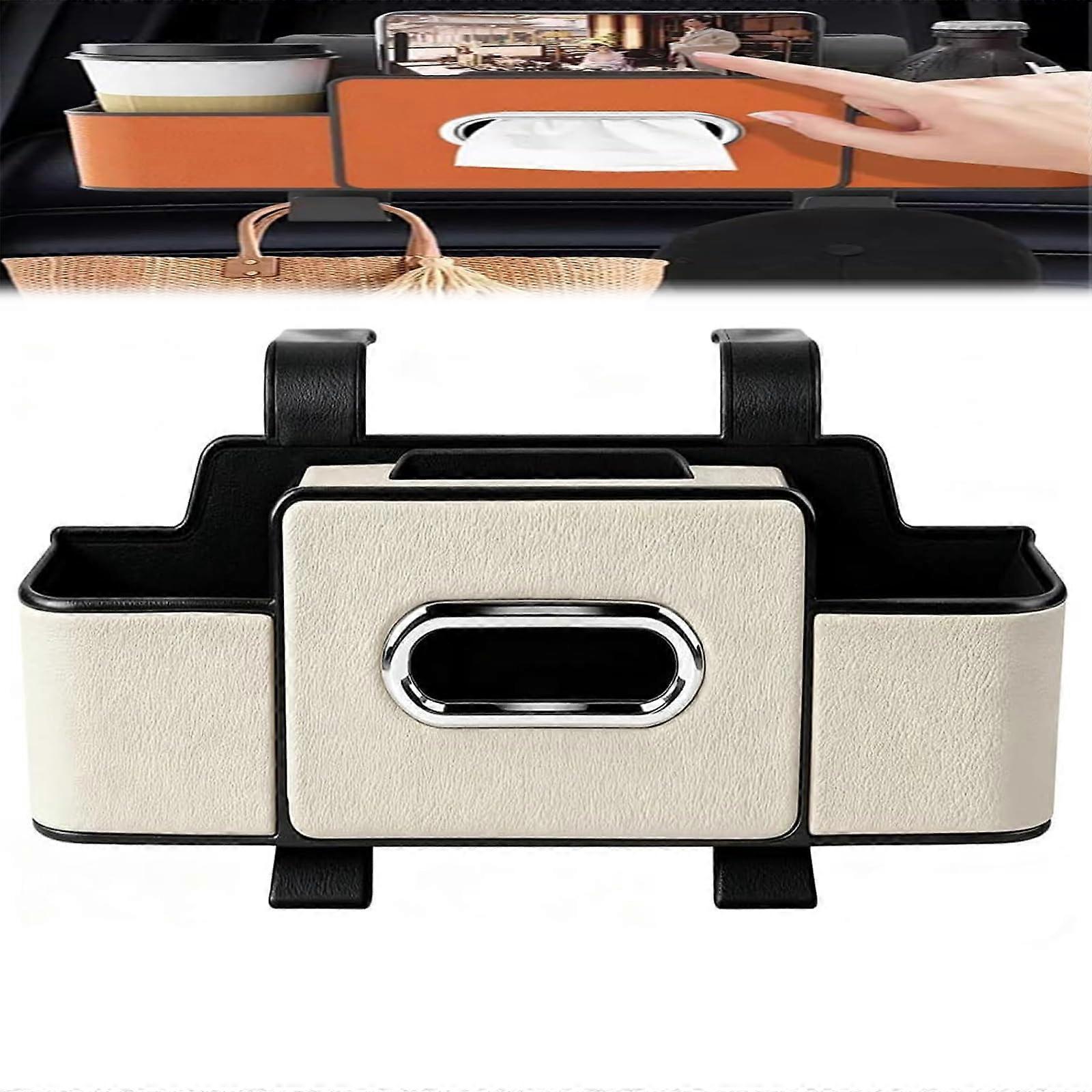 3in1 Car Backseat Organizer with SpillProof Cup Holders, Tissue Dispenser and Side Hooks – White