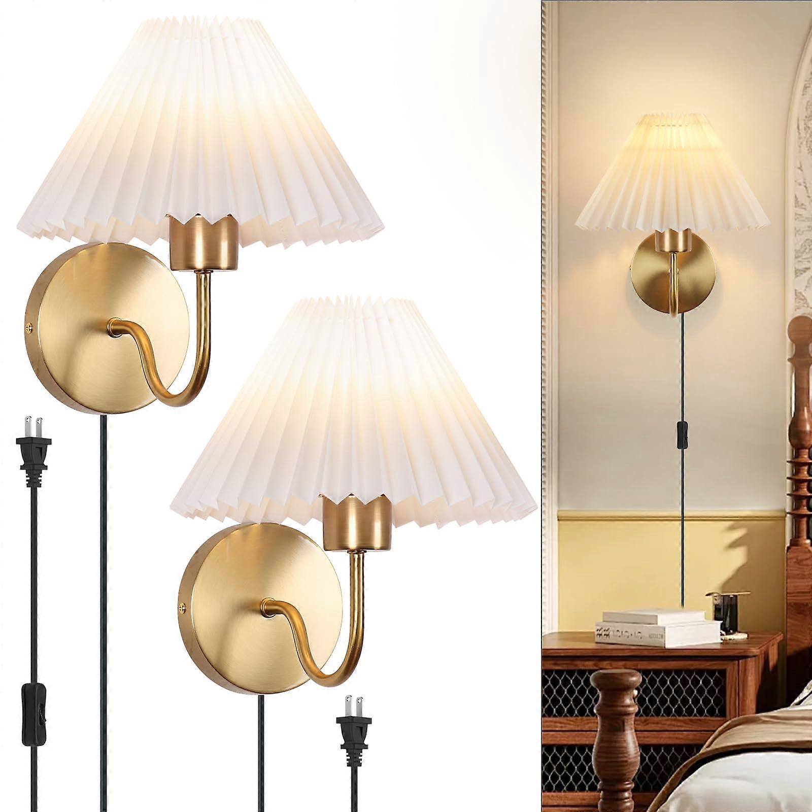 Wall Sconces Set of 2 Plug in, Modern Gold Finish with White Shade, Adjustable Lighting for Bedroom