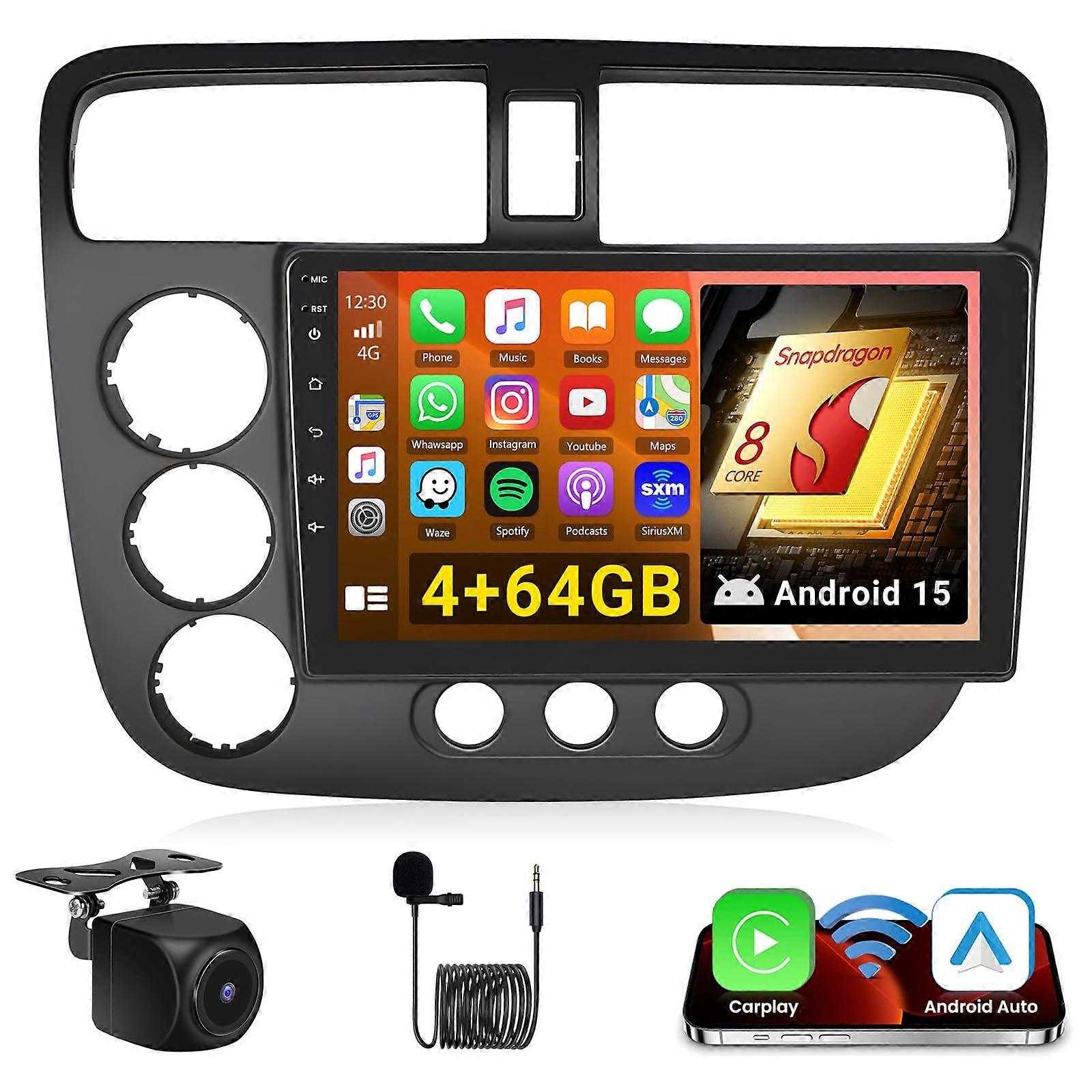 Android Car Stereo for Honda Civic 20012005, 9' QLED Touch, 8 Core, Wireless CarPlay Android Auto